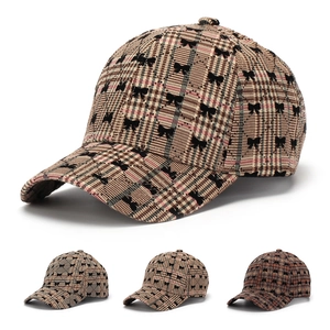 Women Plaid Baseball Cap With Bowknot Print Retro British Style Polyester Sun Protection Hat Curved Brim Adjustable Buckle