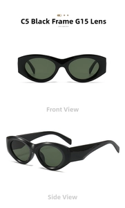 Front and side view of oval black sunglasses with dark green G15 lenses