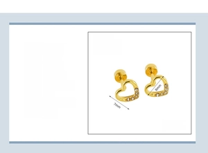 Detailed view of 18K gold plated hollow heart studs with crystal inlay and 7x8mm sizing