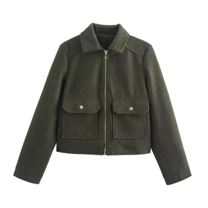 Short dark olive green wool jacket with metallic zipper and symmetrical flap pockets
