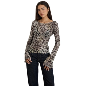 Sexy leopard print mesh long sleeve t-shirt with slim fit design and crew neck for women