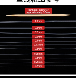Detailed size comparison of transparent elastic string from 0.2mm to 1.0mm with toothpick