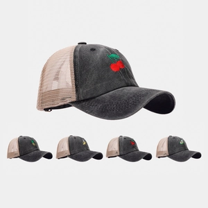 Fruit Embroidery Trucker Hat Washed Cotton Mesh Breathable Baseball Cap Vintage Distressed Adjustable Outdoor Sun Hat Unisex