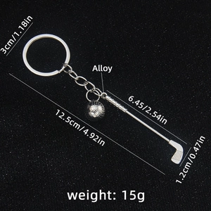 Silver alloy golf club and ball keychain with detailed size measurements on black background