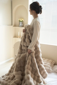 Detail of camel faux rabbit fur throw blanket with luxury square quilted texture