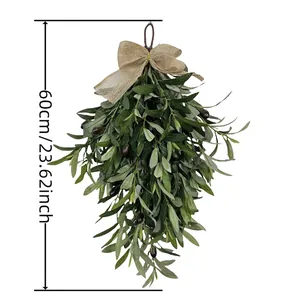 Artificial olive leaf wreath with linen bow and faux fruits, length 60cm or 23.62 inches