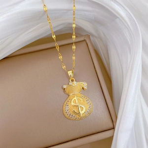 Luxurious gold-plated titanium steel necklace with sparkling dollar sign money bag pendant