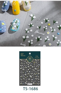 Macro detail of TS-1686 3D embossed nail stickers with white lily of the valley and butterflies