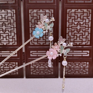 Traditional Chinese Hair Stick Alloy Butterfly Flower Faux Artificial Pearl Tassel Retro Hanfu Hairpin Vintage For Women