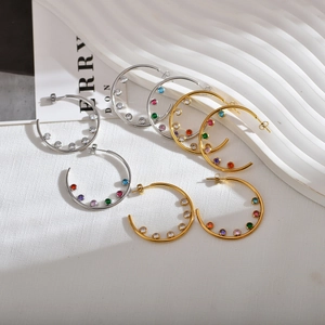 Hoop Earrings Copper Cubic Zirconia Colorful Micro Inlaid C Shaped Large Geometric Bohemian Fashion Jewelry For Women