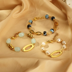 Vintage Stainless Steel Bracelet For Women With Resin Beads And Faux Artificial Pearls Trendy Gold Plated Oval Splicing Jewelry
