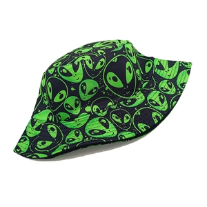 Unisex black bucket hat with vibrant neon green alien prints for outdoor sun protection