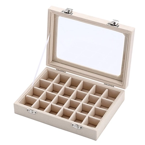 24-grid beige velvet jewelry organizer box with clear glass lid and double silver buckles