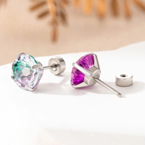 Titanium steel stud earrings featuring colorful gradient fireworks-cut zircon stones