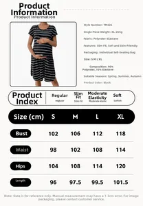 Detailed size chart for maternity striped dress with polyester and elastane fabric data