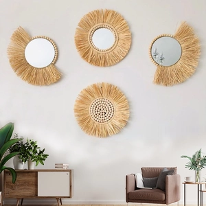 Specchio Da Parete Boho Fatto A Mano In Rafia Intrecciata Specchio Decorativo Con Perle Di Legno Stile Nordico Paglia Naturale