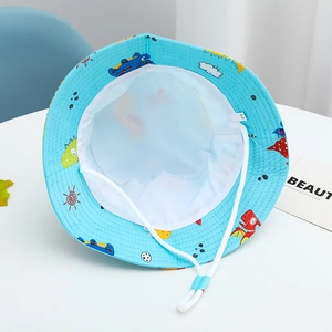 Detail of blue kids sun hat featuring breathable mesh lining and adjustable chin strap