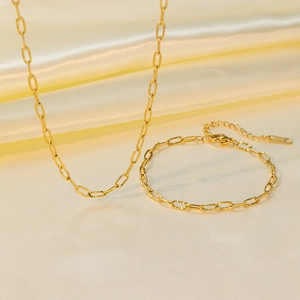 18k gold plated textured paperclip chain necklace and bracelet jewelry set for women