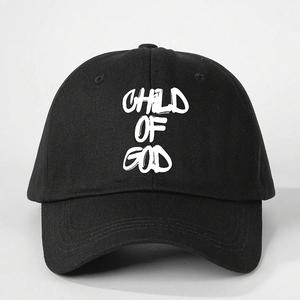 Classic black cotton baseball cap with white Child of God embroidery on front view