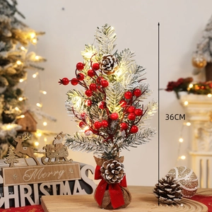 36cm mini Christmas tree with snow needles, red berries, cones, and LED lights