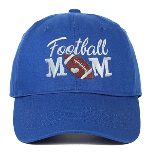 Detailed close-up of blue cotton baseball cap with Football MOM embroidery and heart ball icon