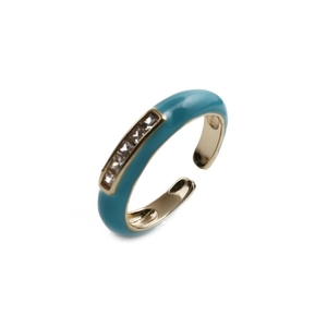 Adjustable gold plated ring featuring lake green enamel and five square white zircons