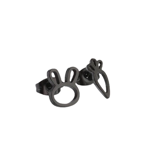 Asymmetric matte black bunny and carrot stud earrings for women in Korean minimalist style