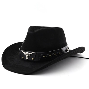 Classic black western cowboy hat with silver bull head accessory and upturned wide brim