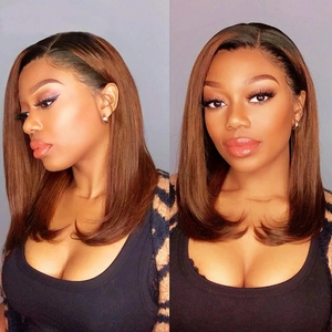 Ombre Brown Bob Wig For Women Short Straight Synthetic High Temperature Fiber Side Bangs Lace Front Natural Hairline