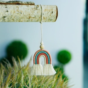 Handmade macrame rainbow car charm with wooden beads and pastel cotton fringe