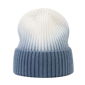 Women's gradient white and blue ribbed knit beanie with stylish wide folded cuff design