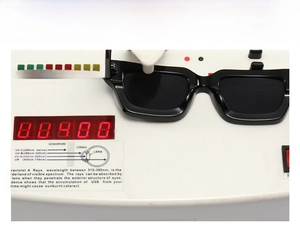 Detail showing UV400 protection test on square black sunglasses for full UV block