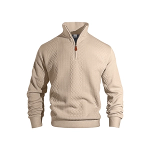 Men's beige stand collar zip sweatshirt with thick jacquard knit and diamond pattern
