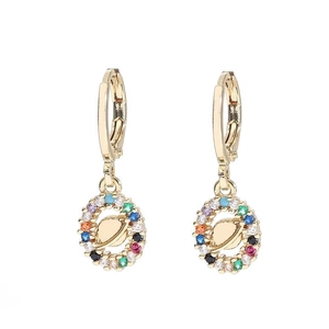 18k gold earrings featuring a planetary Saturn charm with colorful zircon stones