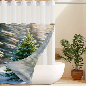 Waterproof fabric shower curtain featuring realistic winter snow forest and Christmas tree