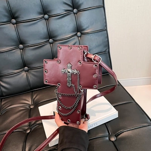 Gothic Cross Shaped Crossbody Bag For Women PU Leather With Rivets Chains And Skull Decor Punk Style Shoulder Bag