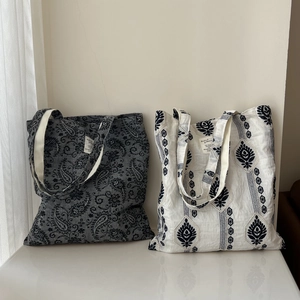Vintage Cotton Linen Canvas Tote Bag Ethnic Embroidery Paisley Pattern Large Capacity Shoulder Handbag For Women