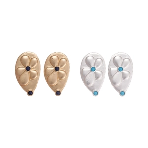 Metallic pleated flower drop earrings with inlaid gemstones in gold and silver