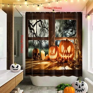 Detailed view of Halloween pumpkin shower curtain measuring 180cm by 180cm for bathroom decor