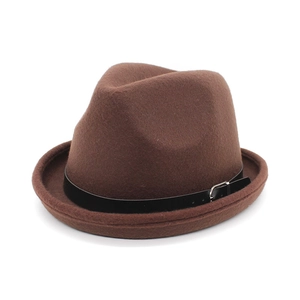 Classic dark brown wool felt fedora hat with a black leather band and silver metal buckle