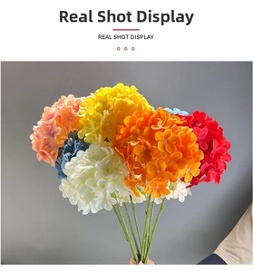Close-up of colorful faux silk hydrangea flower heads with long green stems