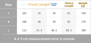 Detailed size chart for tiered chiffon blouse with measurements for S, M, and L sizes