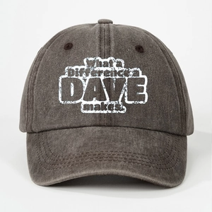 Detail of dark grey washed denim baseball cap with white vintage slogan print