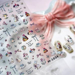 Cute 3D puppy and bunny cartoon nail stickers with laser aurora finish for kids M-1034