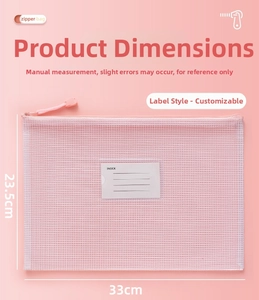 Detail view of A4 pink mesh zipper bag with clear index label and 33cm size measurements