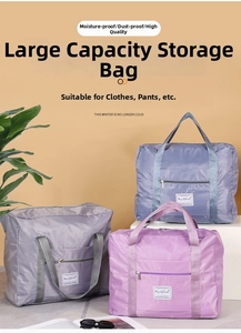 Detail of large-capacity foldable travel storage bags in various colors on a display stand