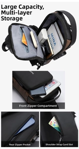 Détails d'un sac de poitrine étanche avec plusieurs poches de rangement pour iPad et gadgets