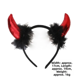 Detail view of red devil horns headband showing 17cm width and 19cm length dimensions