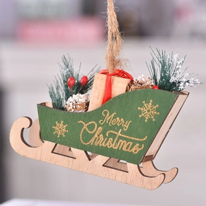 Wooden Christmas sleigh ornament with Merry Christmas print and festive pine cone decor