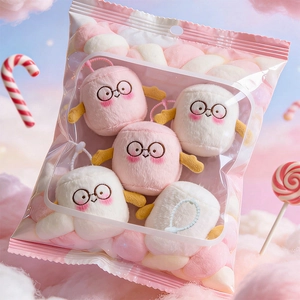 Cute marshmallow plush charms with glasses in a pink sweet packaging set of five